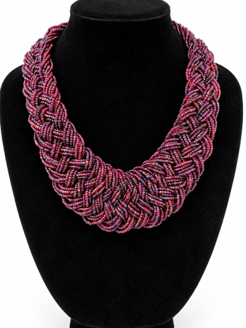 Braided Seed Bead Statement Necklace Burgundy Purple Iridescent 18"